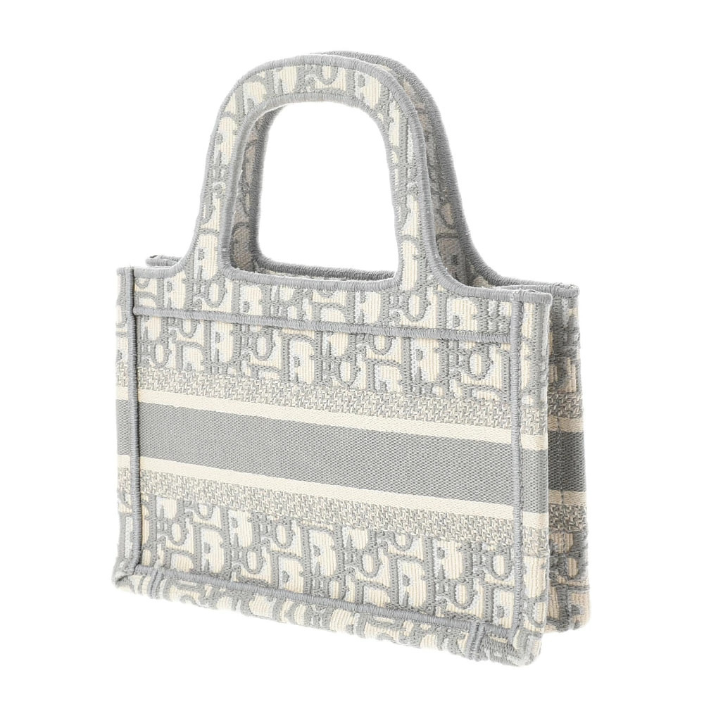 Dior CHRISTIAN  Embroidery Bag Gray White Tote Canvas Handbag Book Gray White